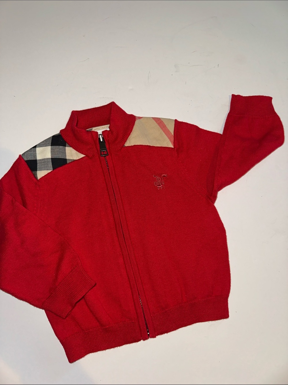 Burberry Children Kids Red Zip-Up Knit Sweater with Check Accents 6 Months